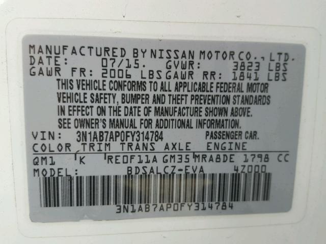 3N1AB7AP0FY314784 - 2015 NISSAN SENTRA S WHITE photo 10