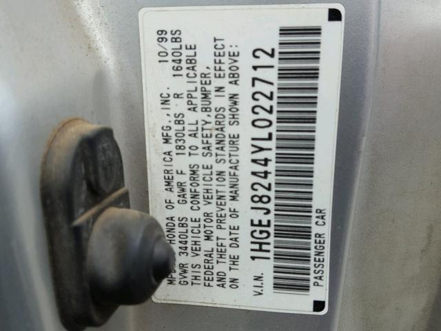 1HGEJ8244YL022712 - 2000 HONDA CIVIC EX SILVER photo 10