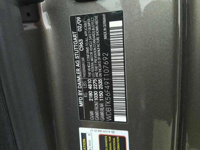 WDBTK56F49T107692 - 2009 MERCEDES-BENZ CLK 350 GRAY photo 10