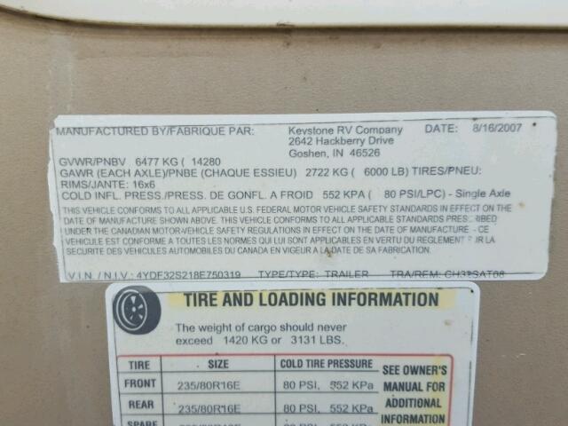 4YDF32S218E750319 - 2008 KEYSTONE CHALLENGER TWO TONE photo 10