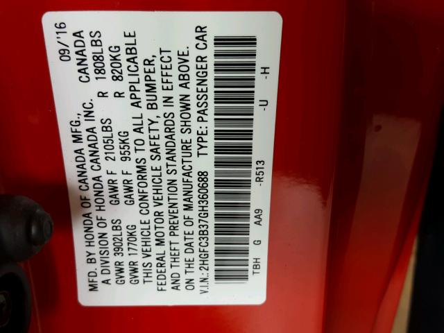 2HGFC3B37GH360688 - 2016 HONDA CIVIC EX წითელი ფოტო 10