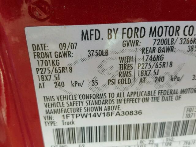 1FTPW14V18FA30836 - 2008 FORD F150 SUPER RED photo 10