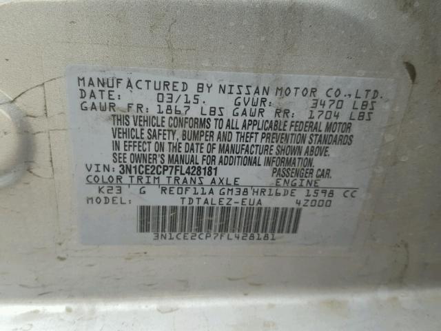 3N1CE2CP7FL428181 - 2015 NISSAN VERSA NOTE SILVER photo 10