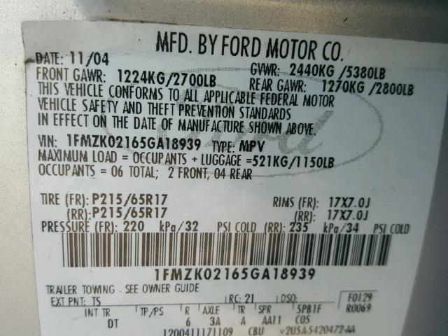 1FMZK02165GA18939 - 2005 FORD FREESTYLE SILVER photo 10