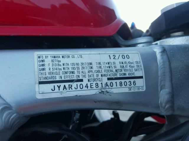 JYARJ04E81A018036 - 2001 YAMAHA YZFR6 L RED photo 10