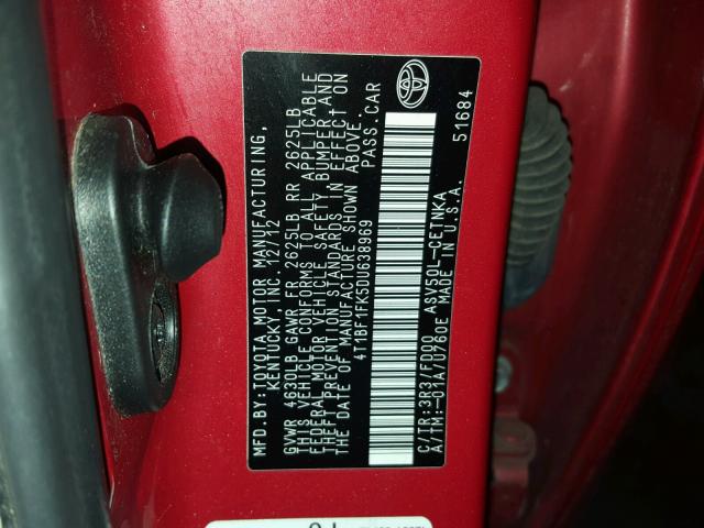 4T1BF1FK5DU638969 - 2013 TOYOTA CAMRY L RED photo 10