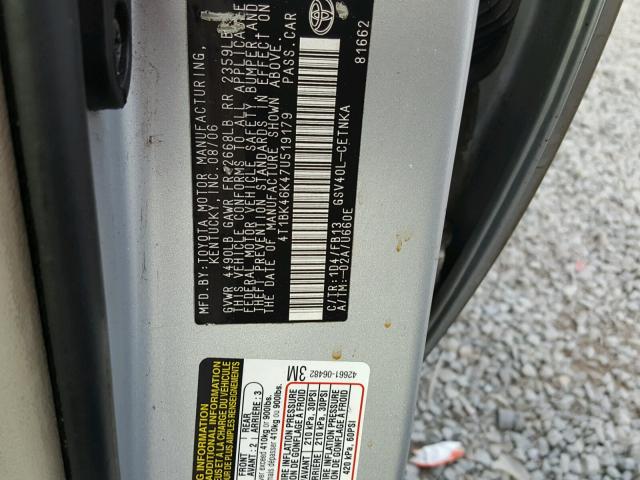 4T1BK46K47U519179 - 2007 TOYOTA CAMRY NEW SILVER photo 10