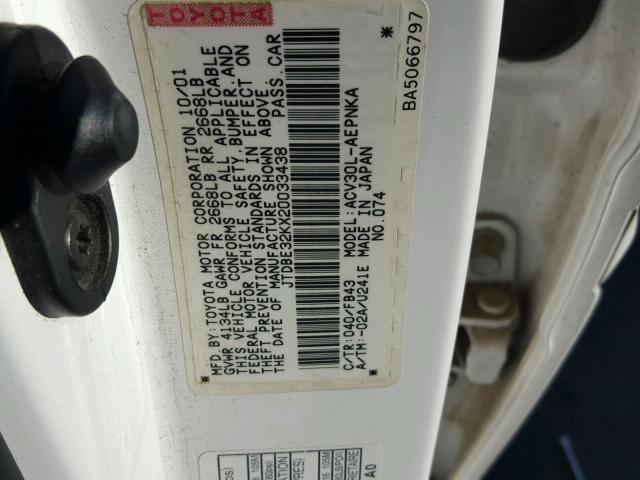 JTDBE32KX20033438 - 2002 TOYOTA CAMRY LE WHITE photo 10