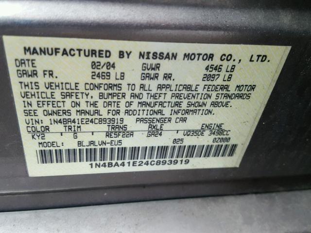 1N4BA41E24C893919 - 2004 NISSAN MAXIMA SE GRAY photo 10