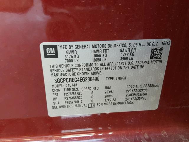 3GCPCREC4EG280490 - 2014 CHEVROLET SILVERADO BURGUNDY photo 10