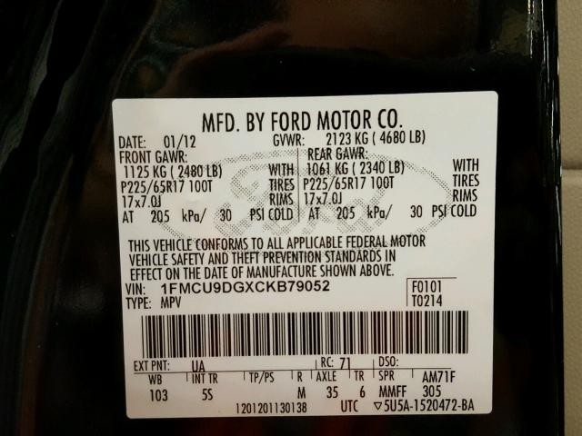 1FMCU9DGXCKB79052 - 2012 FORD ESCAPE XLT BLACK photo 10