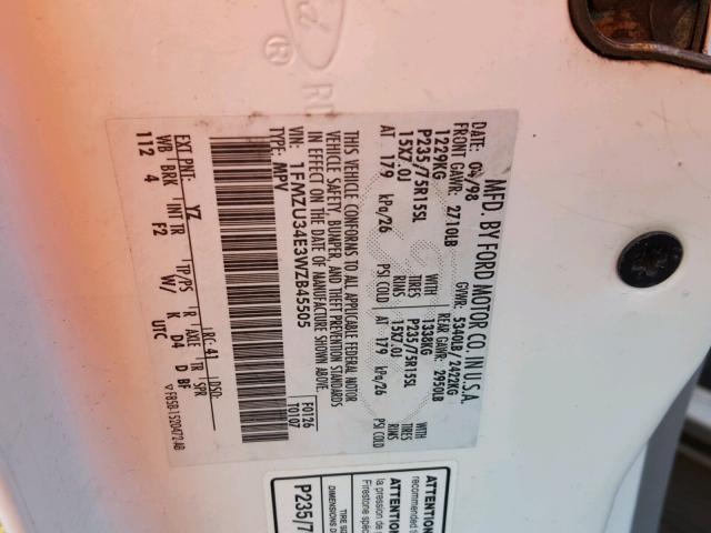 1FMZU34E3WZB45505 - 1998 FORD EXPLORER WHITE photo 10