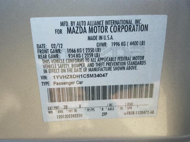 1YVHZ8DH1C5M34047 - 2012 MAZDA 6 I SILVER photo 10