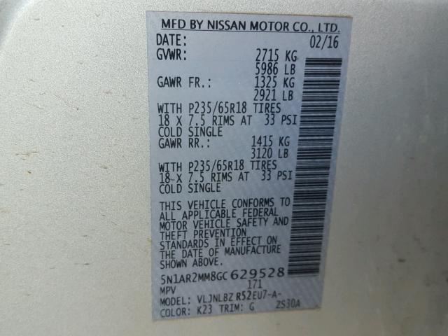 5N1AR2MM8GC629528 - 2016 NISSAN PATHFINDER SILVER photo 10