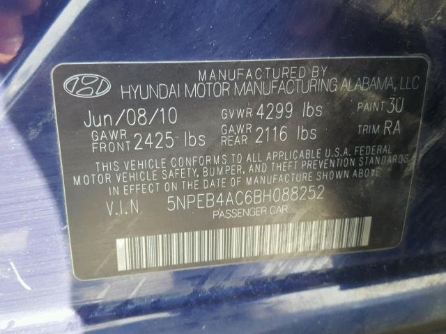 5NPEB4AC6BH088252 - 2011 HYUNDAI SONATA GLS BLUE photo 10