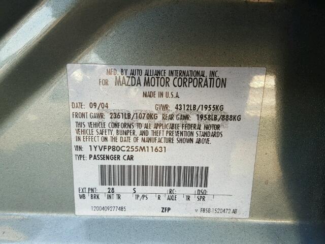 1YVFP80C255M11631 - 2005 MAZDA 6 I GREEN photo 10