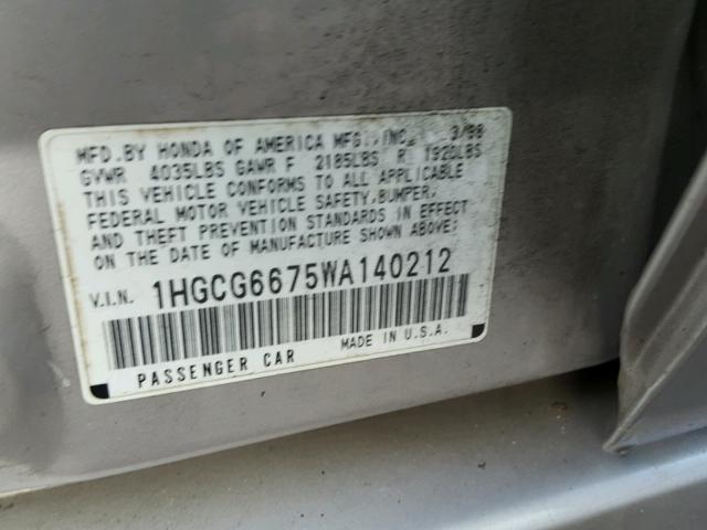 1HGCG6675WA140212 - 1998 HONDA ACCORD EX SILVER photo 10