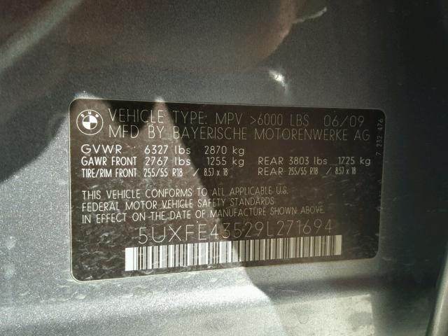 5UXFE43529L271694 - 2009 BMW X5 XDRIVE3 GRAY photo 10