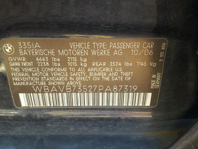 WBAVB73527PA87319 - 2007 BMW 335 I BLUE photo 10