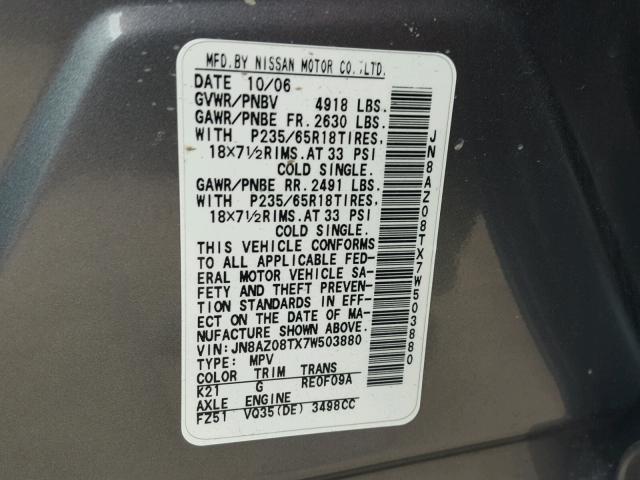 JN8AZ08TX7W503880 - 2007 NISSAN MURANO SL GRAY photo 10