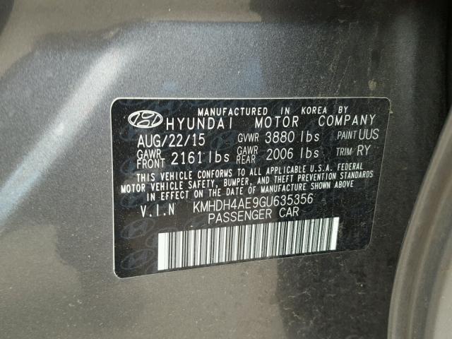 KMHDH4AE9GU635356 - 2016 HYUNDAI ELANTRA SE GRAY photo 10