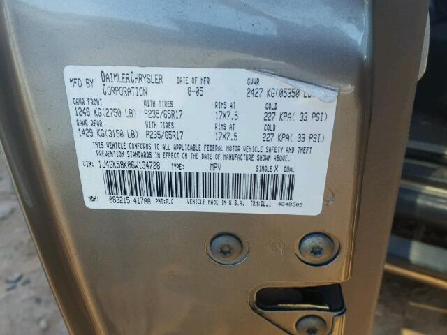 1J4GK58K06W134728 - 2006 JEEP LIBERTY LI GOLD photo 10