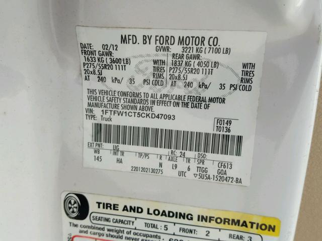 1FTFW1CT5CKD47093 - 2012 FORD F150 SUPER WHITE photo 10