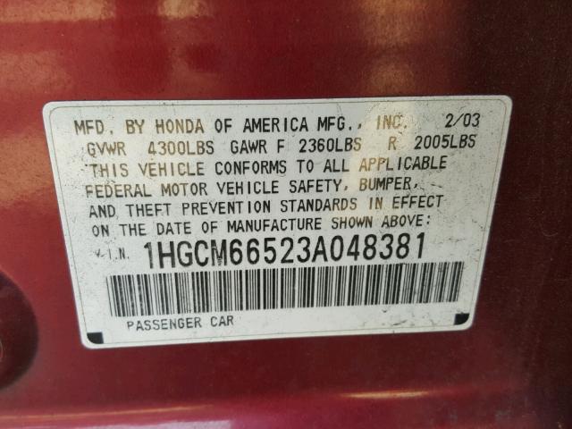 1HGCM66523A048381 - 2003 HONDA ACCORD EX MAROON photo 10