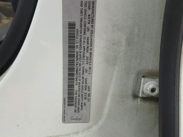 3VW2K7AJ7BM379479 - 2011 VOLKSWAGEN JETTA BASE WHITE photo 10