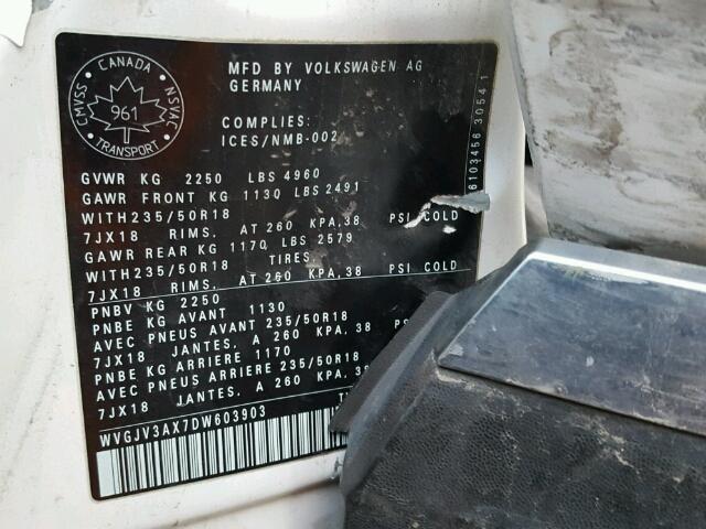 WVGJV3AX7DW603903 - 2013 VOLKSWAGEN TIGUAN S WHITE photo 10