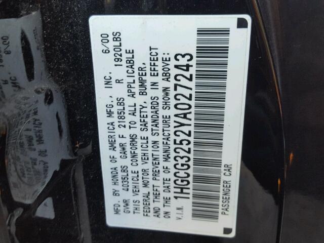 1HGCG3252YA027243 - 2000 HONDA ACCORD EX BLACK photo 10