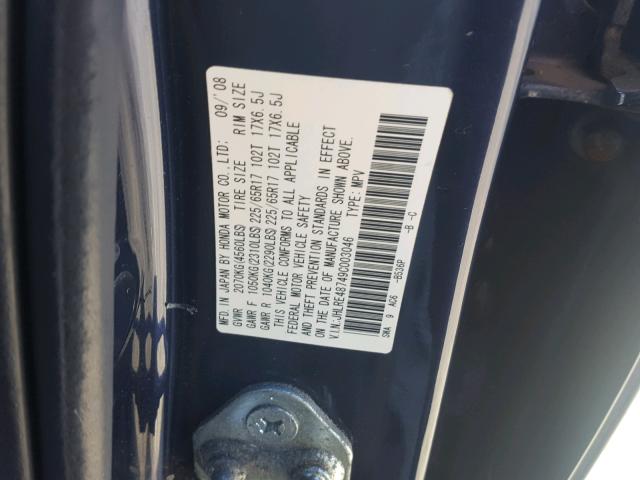 JHLRE48749C003046 - 2009 HONDA CR-V EXL BLUE photo 10