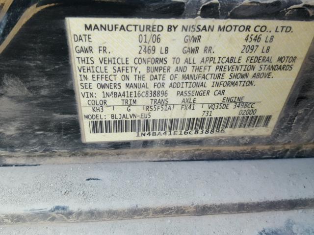 1N4BA41E16C838896 - 2006 NISSAN MAXIMA SE BLACK photo 10