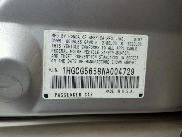 1HGCG5658WA004729 - 1998 HONDA ACCORD EX SILVER photo 10