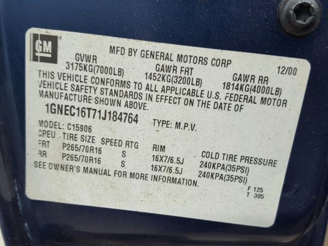 1GNEC16T71J184764 - 2001 CHEVROLET SUBURBAN C BLUE photo 10