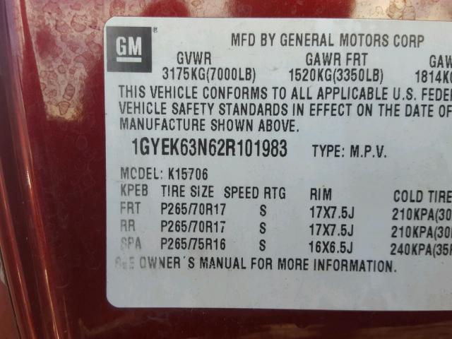 1GYEK63N62R101983 - 2002 CADILLAC ESCALADE L MAROON photo 10