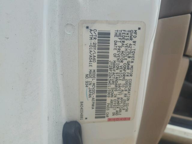 JT2BF22K5W0115969 - 1998 TOYOTA CAMRY CE WHITE photo 10