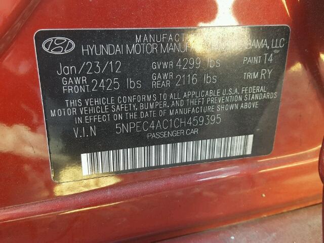 5NPEC4AC1CH459395 - 2012 HYUNDAI SONATA SE BURGUNDY photo 10