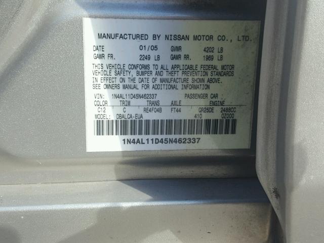 1N4AL11D45N462337 - 2005 NISSAN ALTIMA S GOLD photo 10