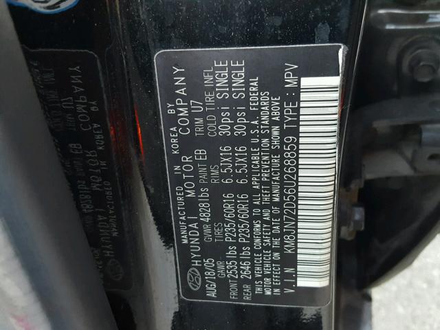 KM8JN72D56U268859 - 2006 HYUNDAI TUCSON GLS BLACK photo 10