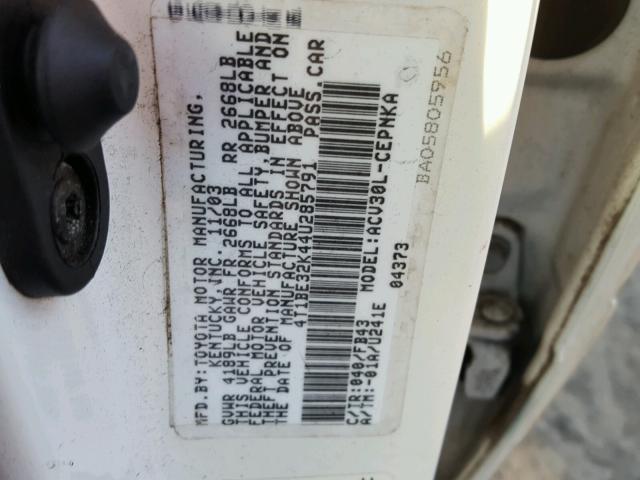 4T1BE32K44U285791 - 2004 TOYOTA CAMRY LE WHITE photo 10