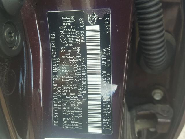 4T1BK3DBXCU453146 - 2012 TOYOTA AVALON BAS MAROON photo 10