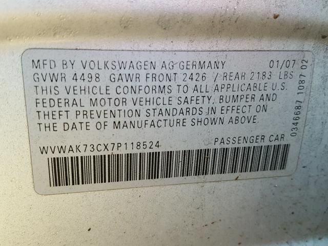 WVWAK73CX7P118524 - 2007 VOLKSWAGEN PASSAT 2.0 SILVER photo 10