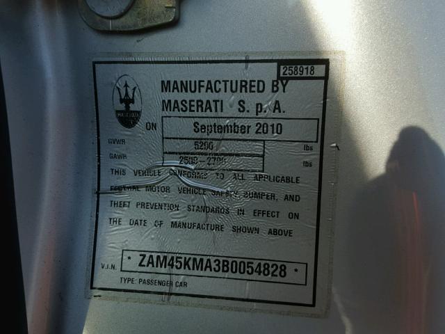 ZAM45KMA3B0054828 - 2011 MASERATI GRANTURISM SILVER photo 10