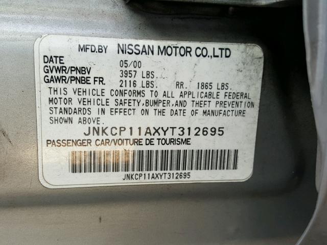 JNKCP11AXYT312695 - 2000 INFINITI G20 SILVER photo 10