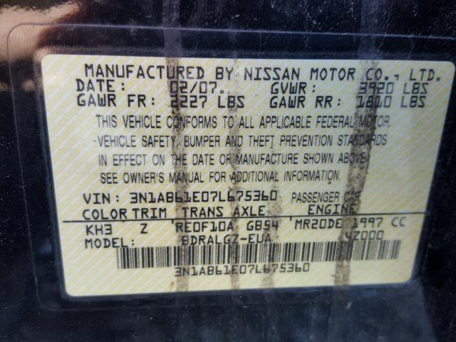 3N1AB61E07L675360 - 2007 NISSAN SENTRA 2.0 BLACK photo 10