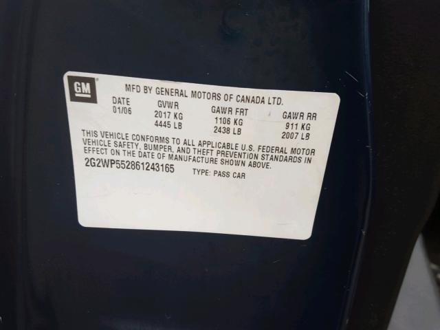 2G2WP552861243165 - 2006 PONTIAC GRAND PRIX Կապույտ լուսանկար 10