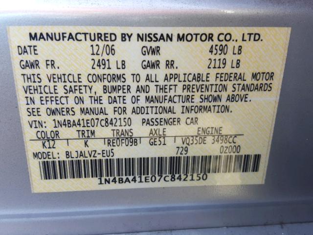 1N4BA41E07C842150 - 2007 NISSAN MAXIMA SE SILVER photo 10