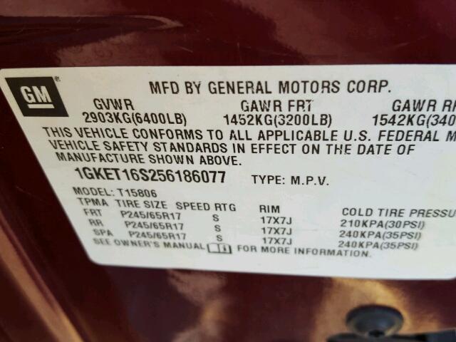 1GKET16S256186077 - 2005 GMC ENVOY XL RED photo 10