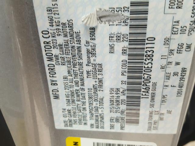 1FA6P0G70E5383110 - 2014 FORD FUSION S SILVER photo 10